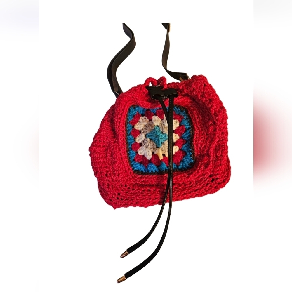 Hand Crafted granny square bag red knit crochet shoulder bag grannycore hobo bag